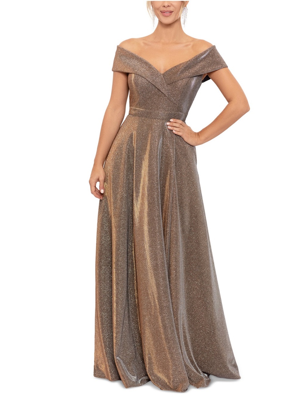 Xscape Copper Glitter Off-the-Shoulder Gown - Picture 2 of 5